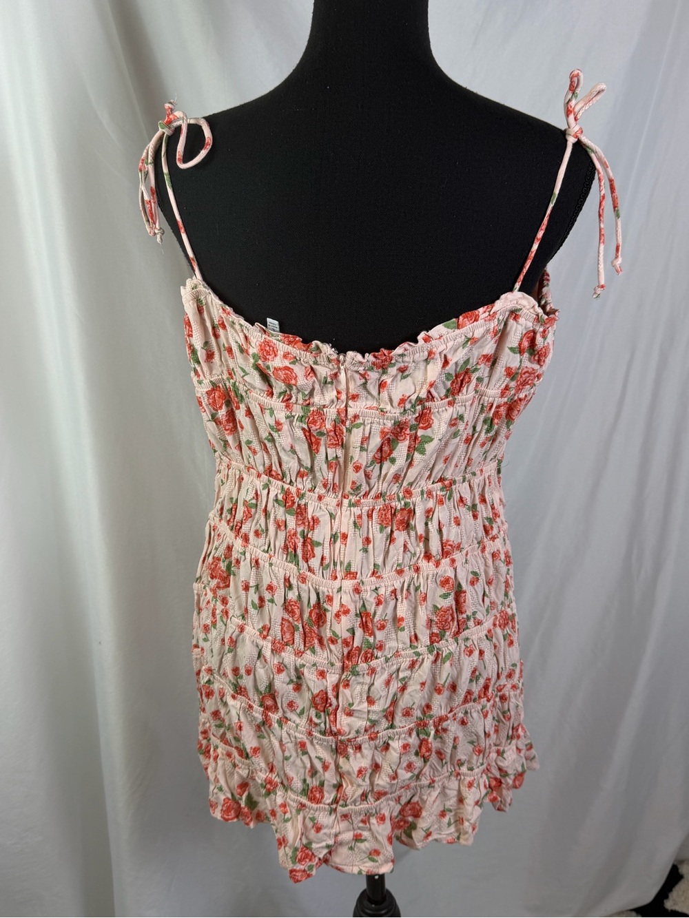 Floral Ruched Tie Strap Mini Dress Pink Rose Cottagecore Coquette Babydoll L - Picture 4 of 8